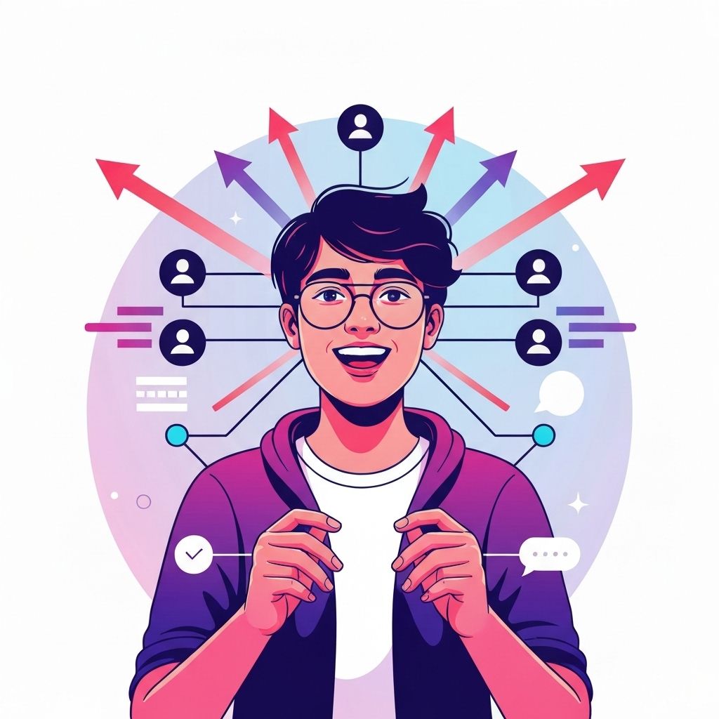 ネットワーク接続と分析データに囲まれた人のイラスト